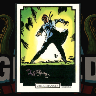A collectible comic trading card featuring Bruce Banner in a dynamic action pose, with a white border and '5 BRUCE BANNER' printed at the bottom. The card is displayed against a dark background with colorful, partially visible comic elements.
